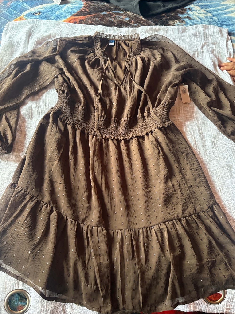 Old Navy Olive Brown Tiered Long Sleeve Girls Dress